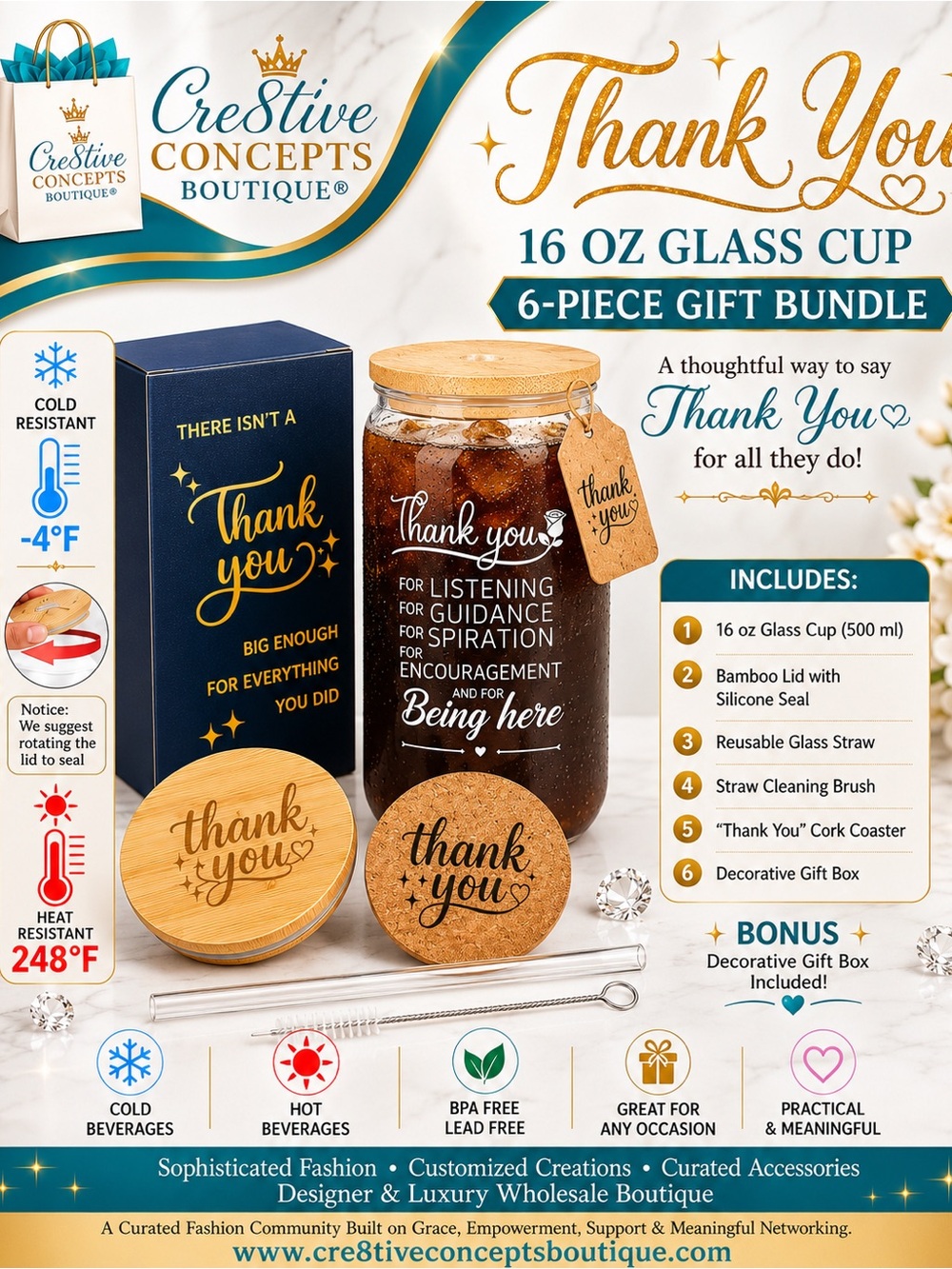 Appreciation 16oz Glass Thank You Cup 6-Piece Gift Bundle Set with Bamboo Lid